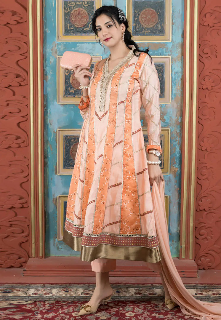 Peach Chanderi Silk Readymade Pant Style Suit