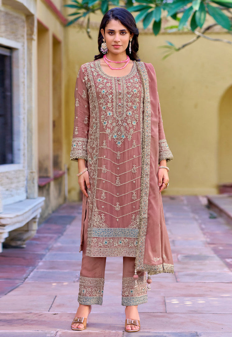 Peach Chinon Pant Style Suit