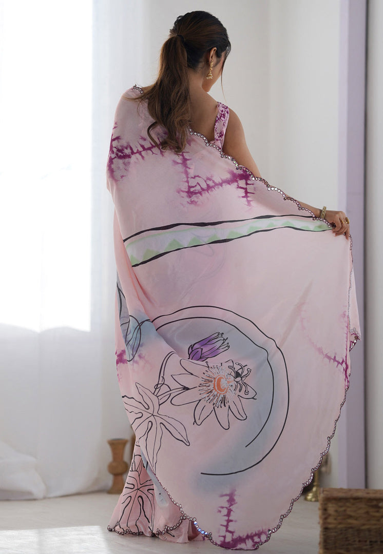 Peach Chinon Saree With Blouse
