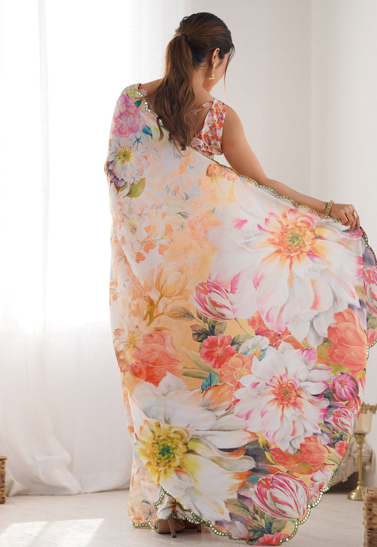 Peach Chinon Saree With Blouse