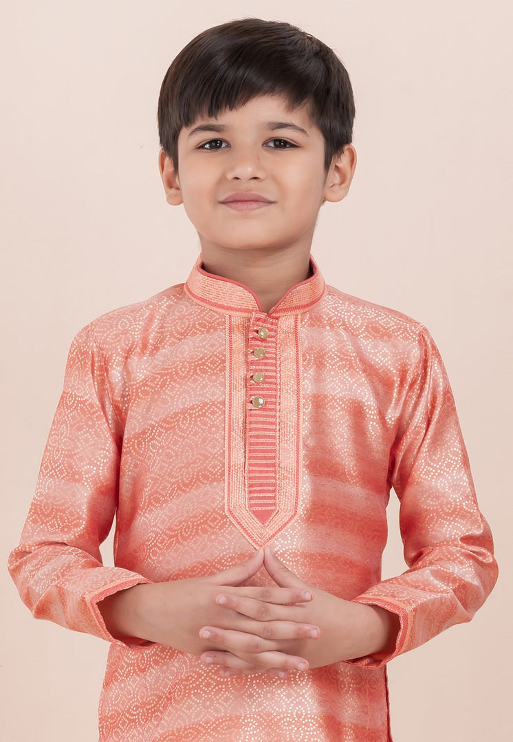 Peach Cotton Jacquard Kids Kurta Pajama