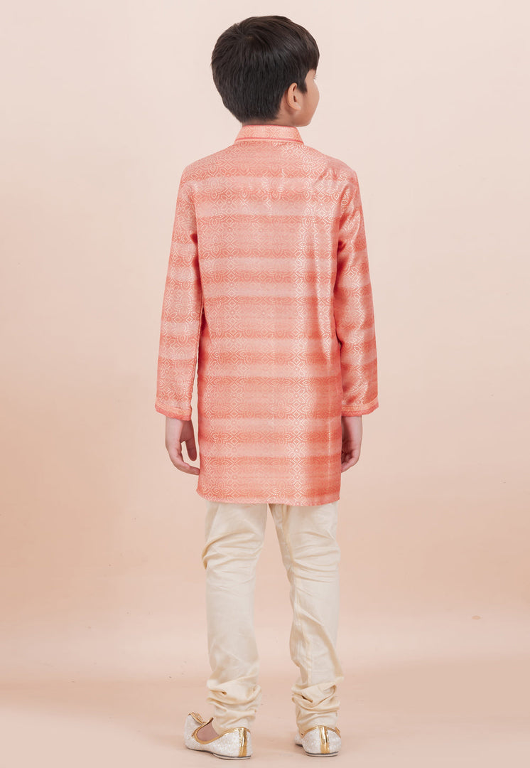 Peach Cotton Jacquard Kids Kurta Pajama