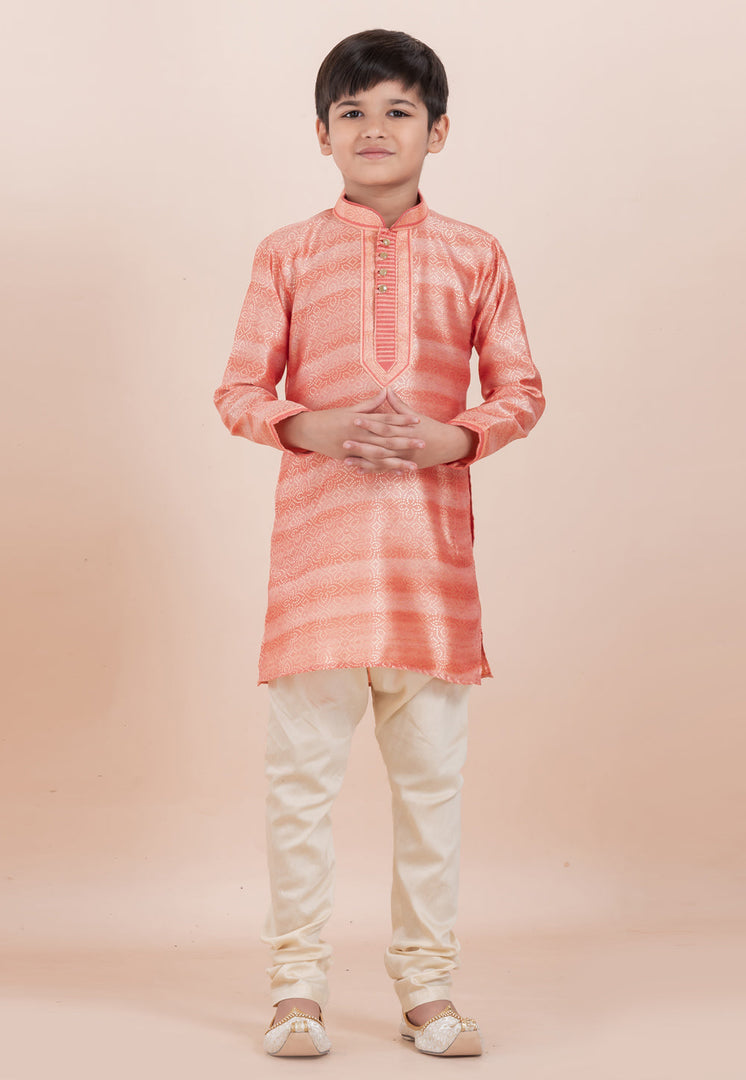 Peach Cotton Jacquard Kids Kurta Pajama