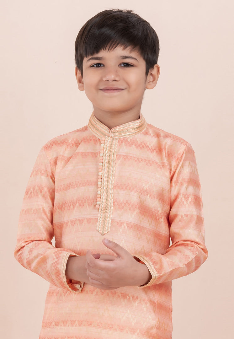 Peach Cotton Jacquard Kids Kurta Pajama
