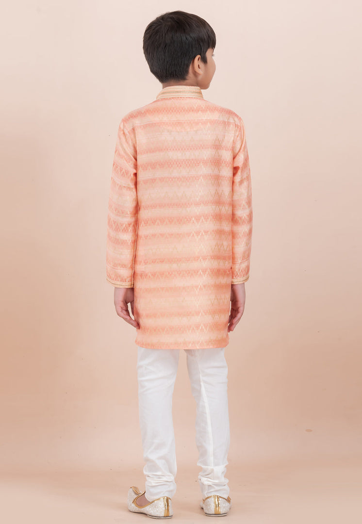 Peach Cotton Jacquard Kids Kurta Pajama