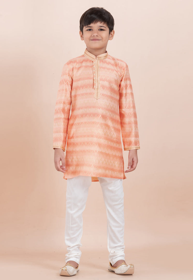 Peach Cotton Jacquard Kids Kurta Pajama