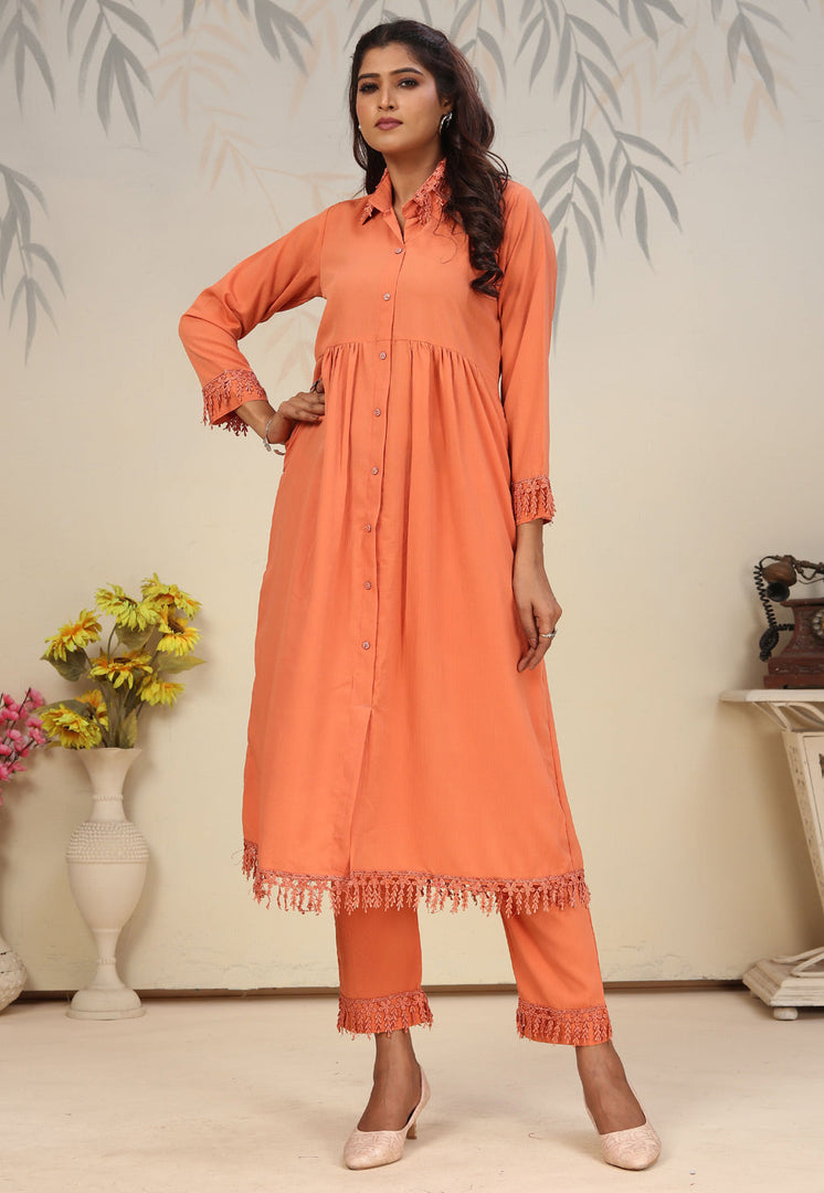 Peach Cotton Kurta Set With Pant