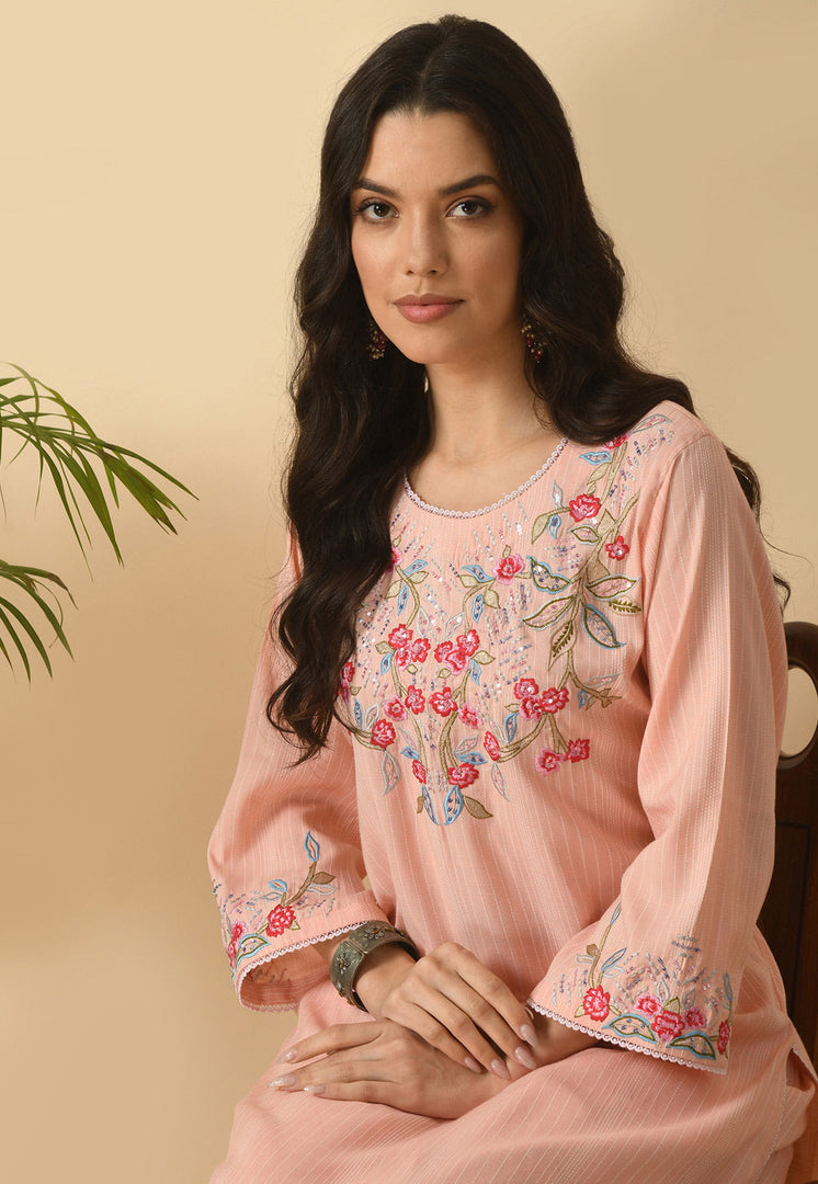 Peach Cotton Rayon Kurta Set With Pent