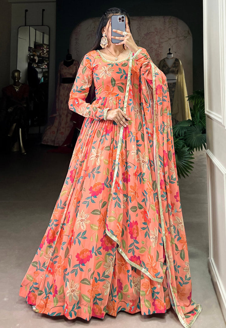 Peach Georgette Readymade Long Anarkali Suit