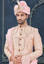 Load image into Gallery viewer, Peach Jacquard Achkan Style Sherwani
