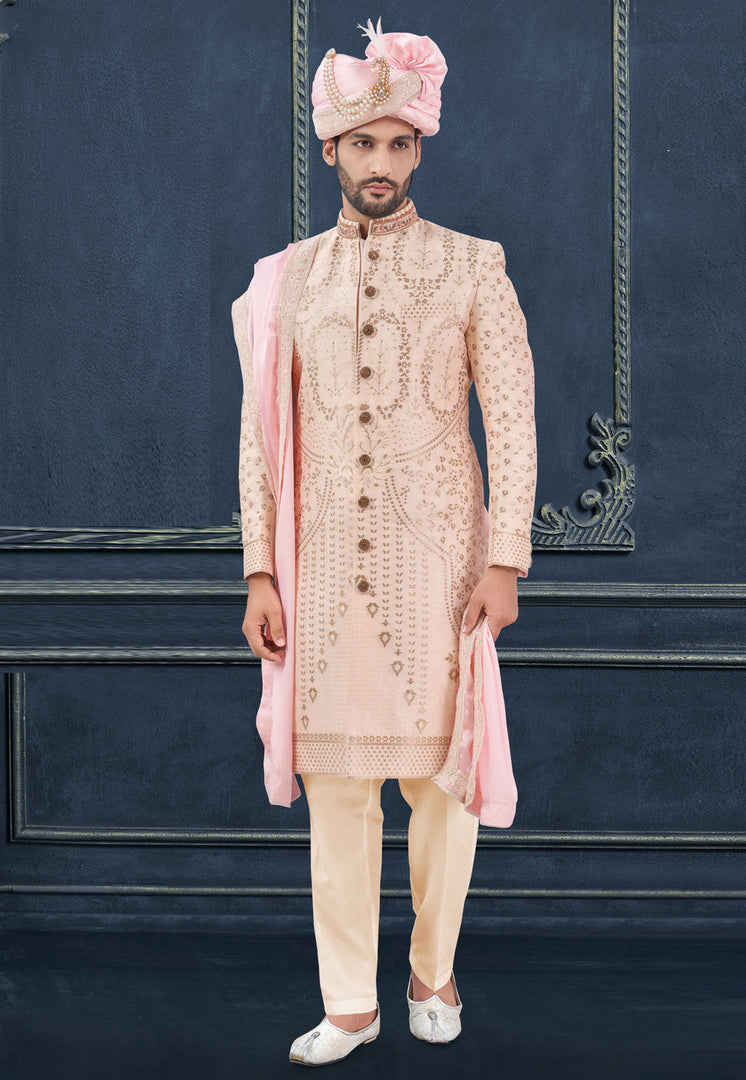 Peach Jacquard Achkan Style Sherwani