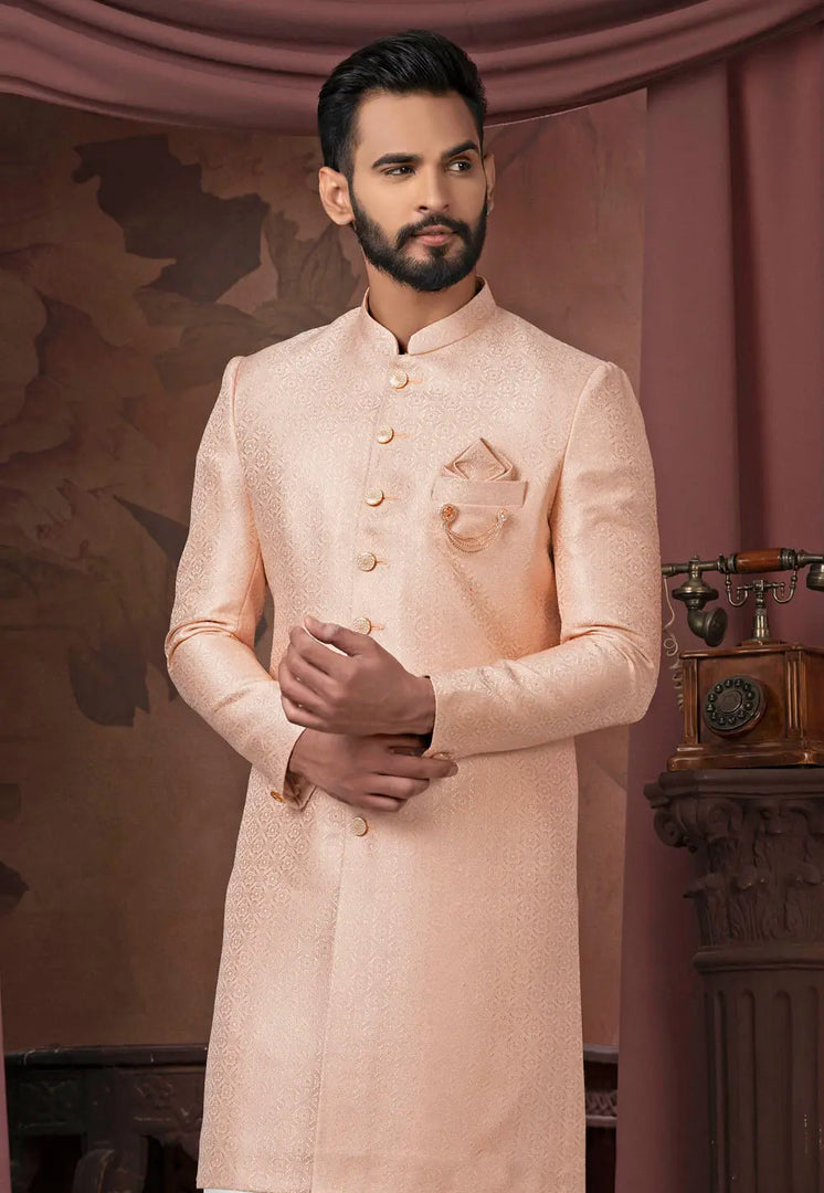 Peach Jacquard Indo Western Sherwani