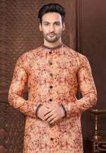 Load image into Gallery viewer, Peach Jacquard Indo Western Suit
