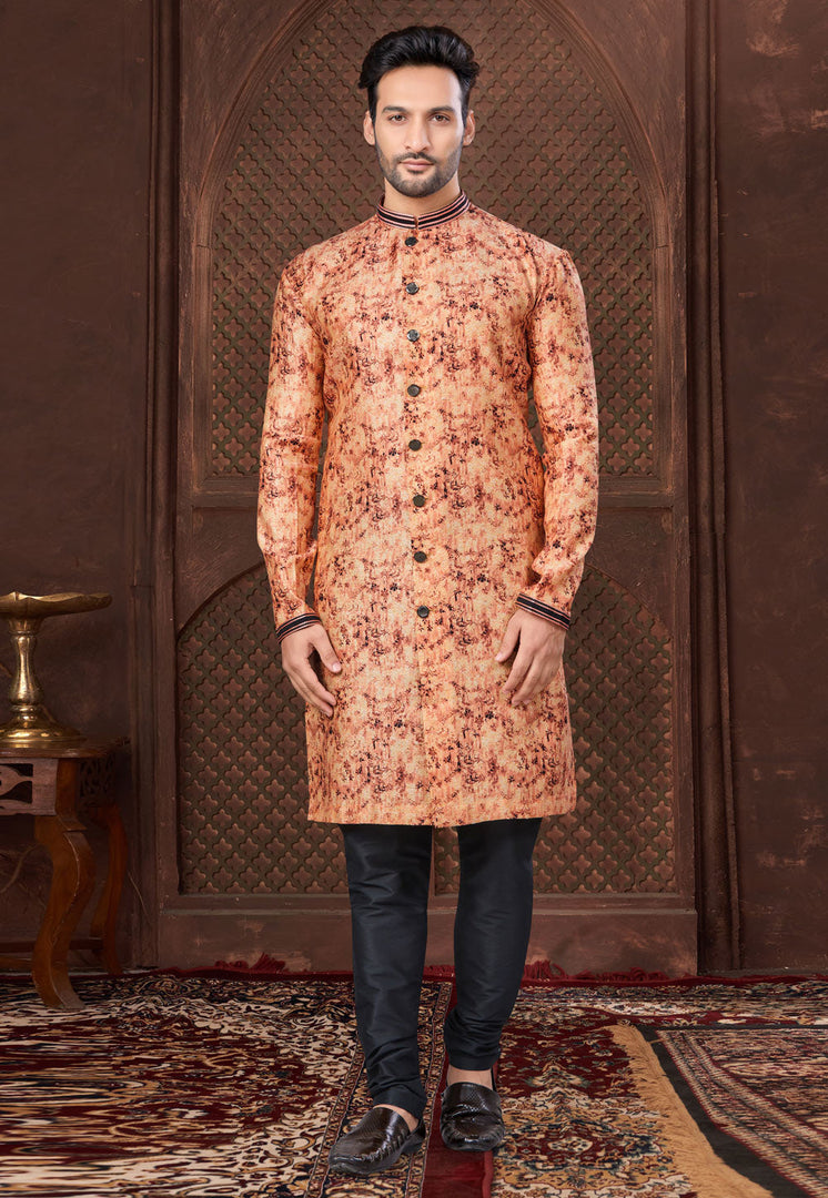 Peach Jacquard Indo Western Suit