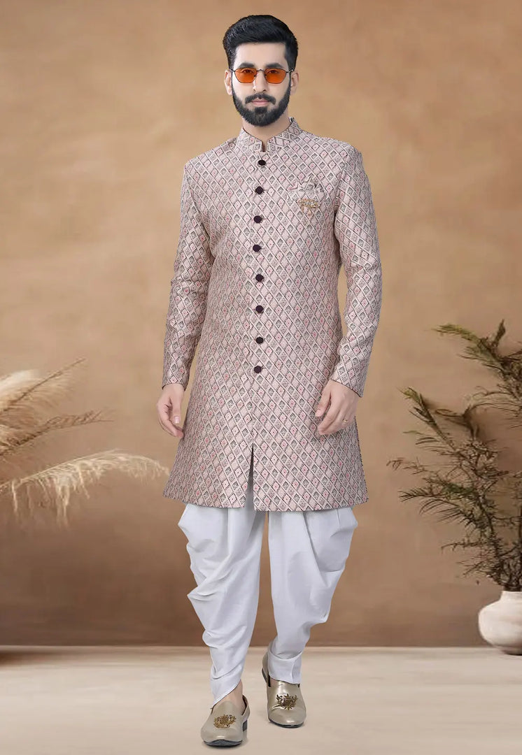 Peach Jacquard Indo Western Suit