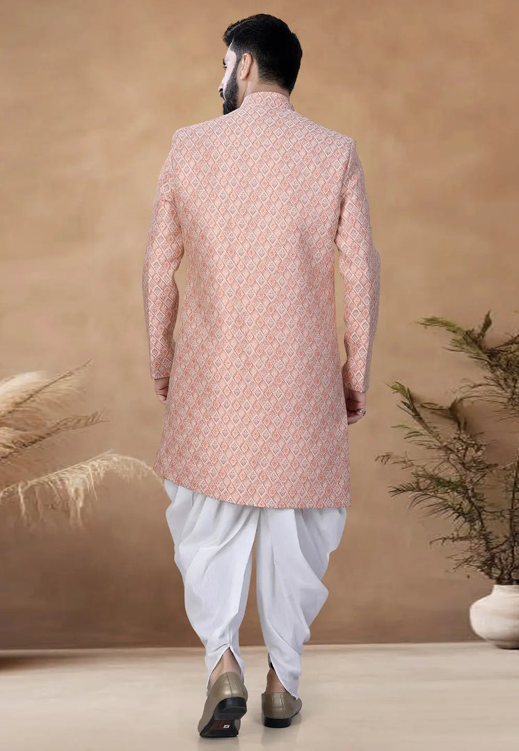 Peach Jacquard Indo Western Suit