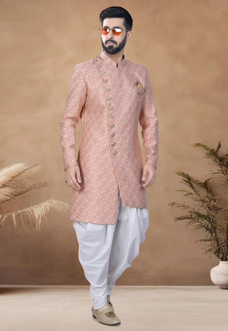 Peach Jacquard Indo Western Suit