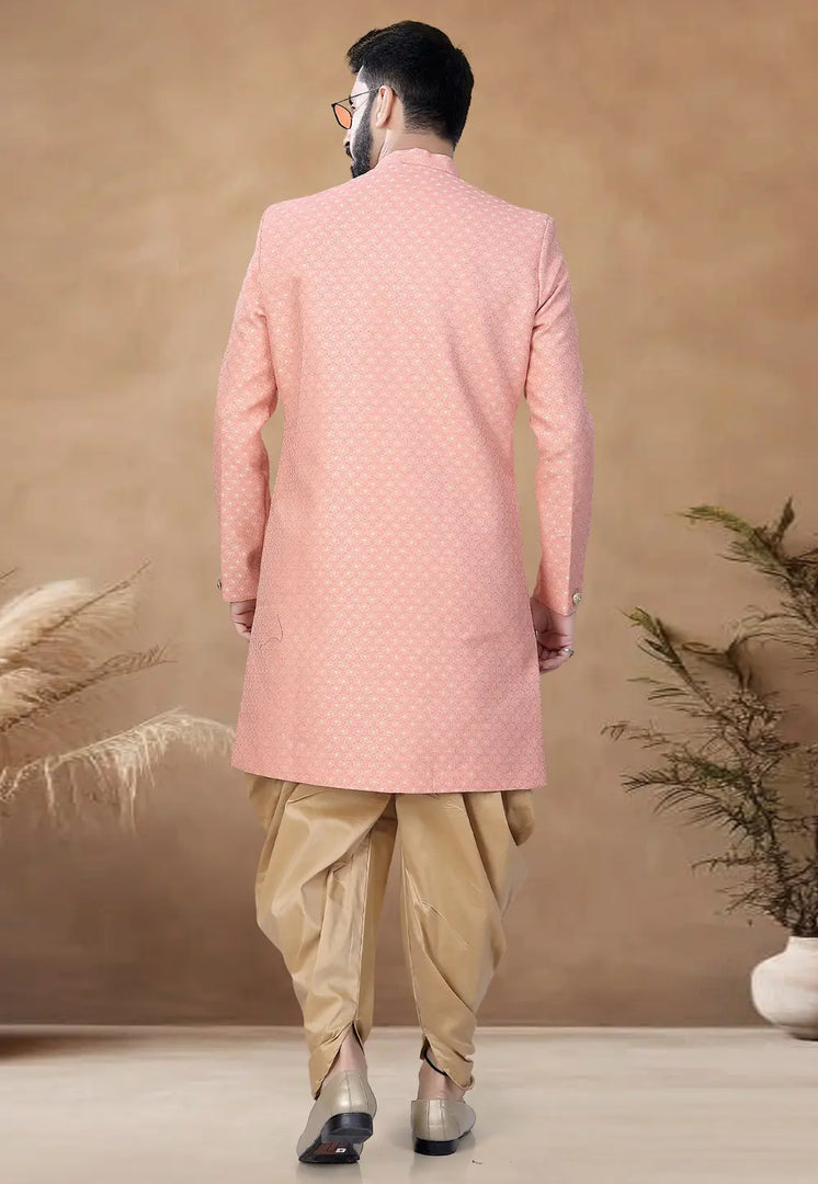 Peach Jacquard Indo Western Suit