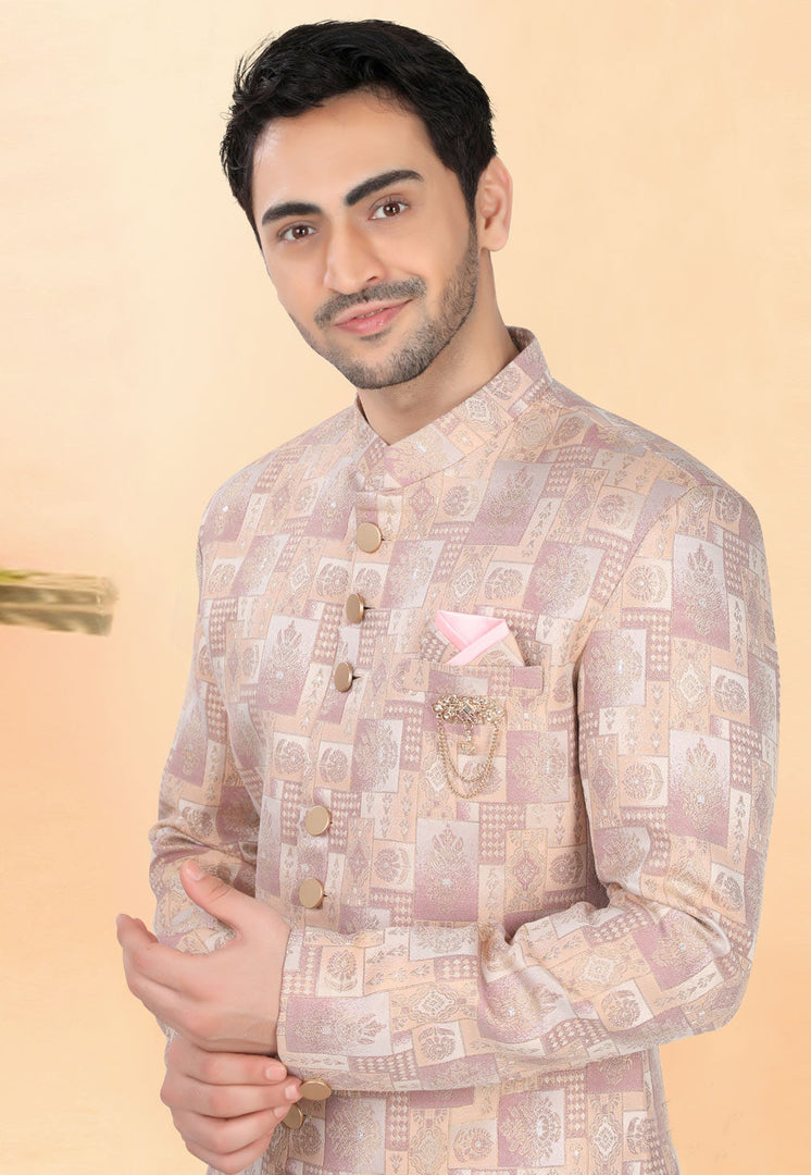 Peach Jacquard Indo Western Suit