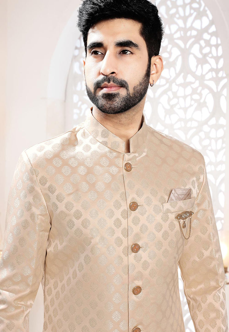 Peach Jacquard Indo Western Suit