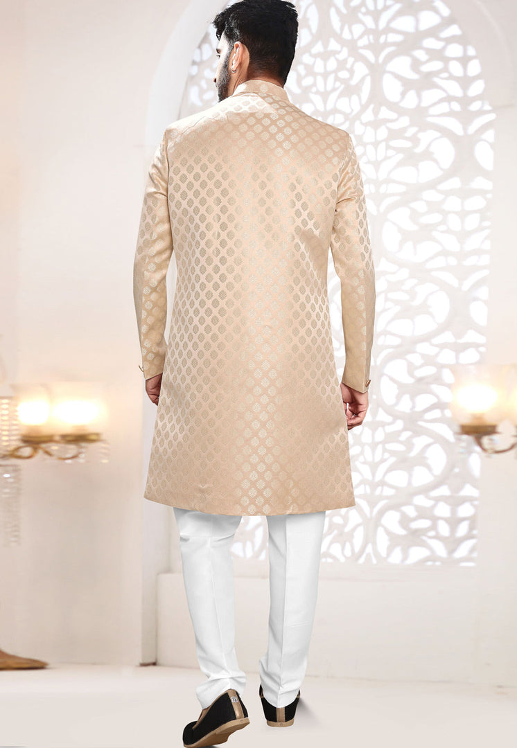 Peach Jacquard Indo Western Suit
