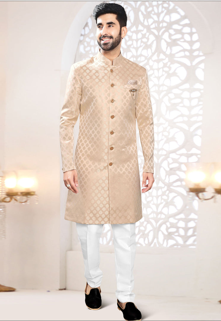 Peach Jacquard Indo Western Suit
