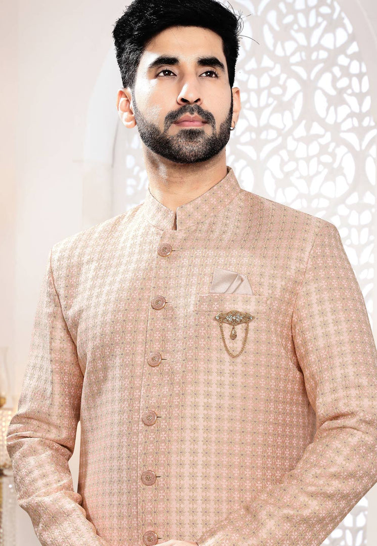 Peach Jacquard Indo Western Suit