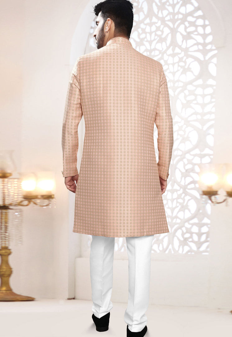 Peach Jacquard Indo Western Suit