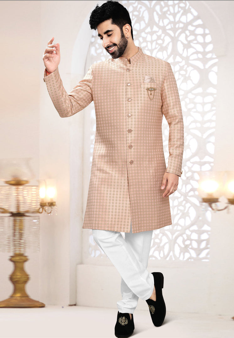Peach Jacquard Indo Western Suit