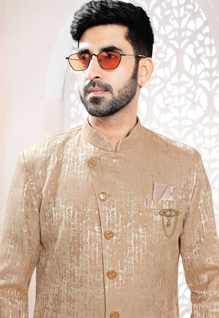 Peach Jacquard Indo Western Suit