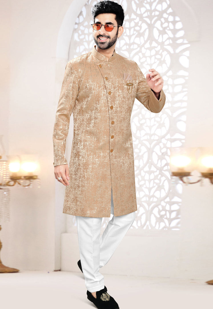 Peach Jacquard Indo Western Suit