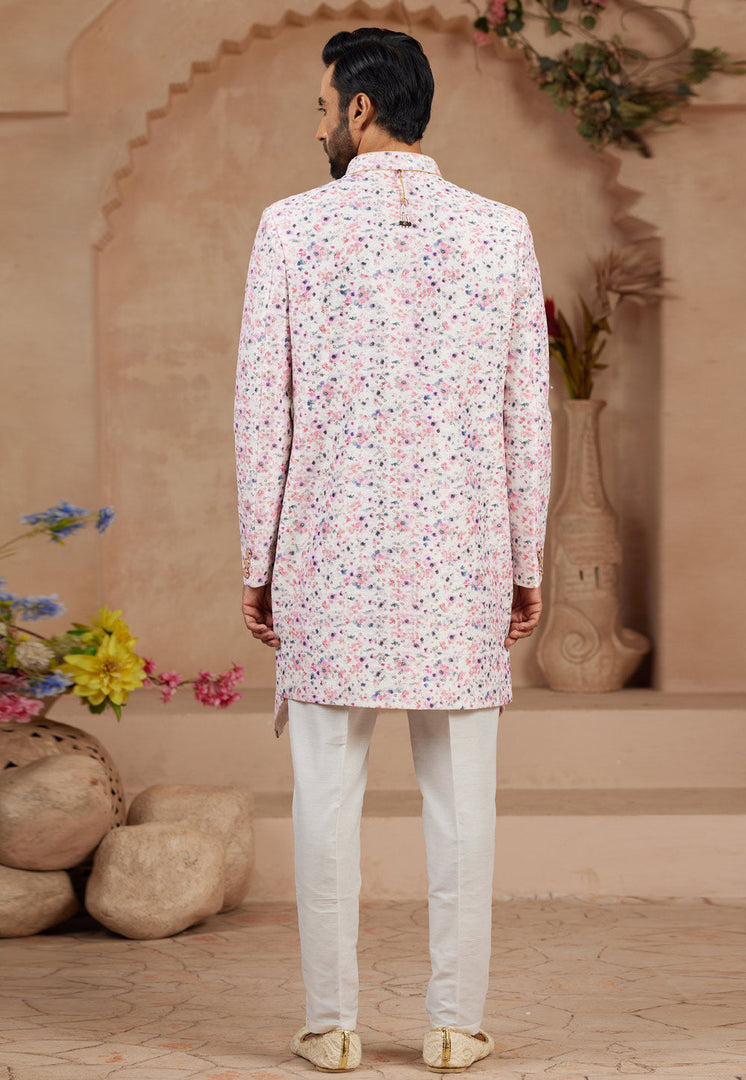 Peach Jacquard Jacket Style Sherwani