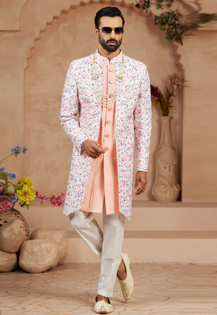 Peach Jacquard Jacket Style Sherwani