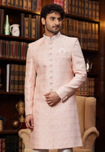 Load image into Gallery viewer, Peach Jacquard Silk Indo Western Sherwani
