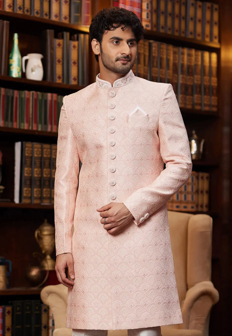 Peach Jacquard Silk Indo Western Sherwani