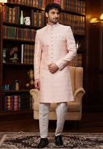 Load image into Gallery viewer, Peach Jacquard Silk Indo Western Sherwani

