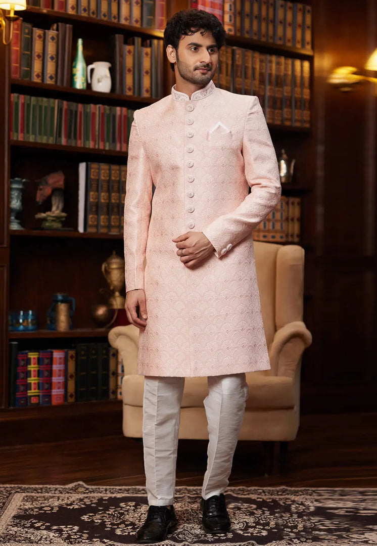 Peach Jacquard Silk Indo Western Sherwani