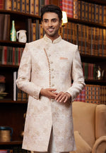 Load image into Gallery viewer, Peach Jacquard Silk Indo Western Sherwani
