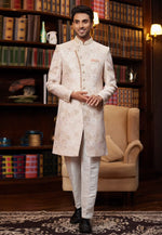 Load image into Gallery viewer, Peach Jacquard Silk Indo Western Sherwani
