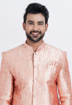 Load image into Gallery viewer, Peach Jacquard Silk Indo Western Suit
