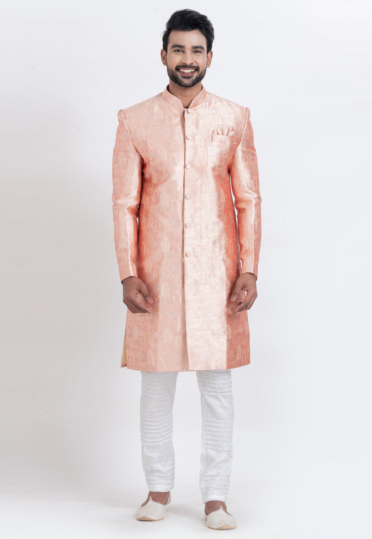 Peach Jacquard Silk Indo Western Suit