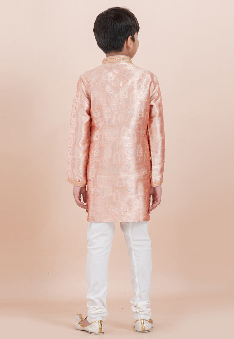 Peach Jacquard Silk Kids Kurta Pajama