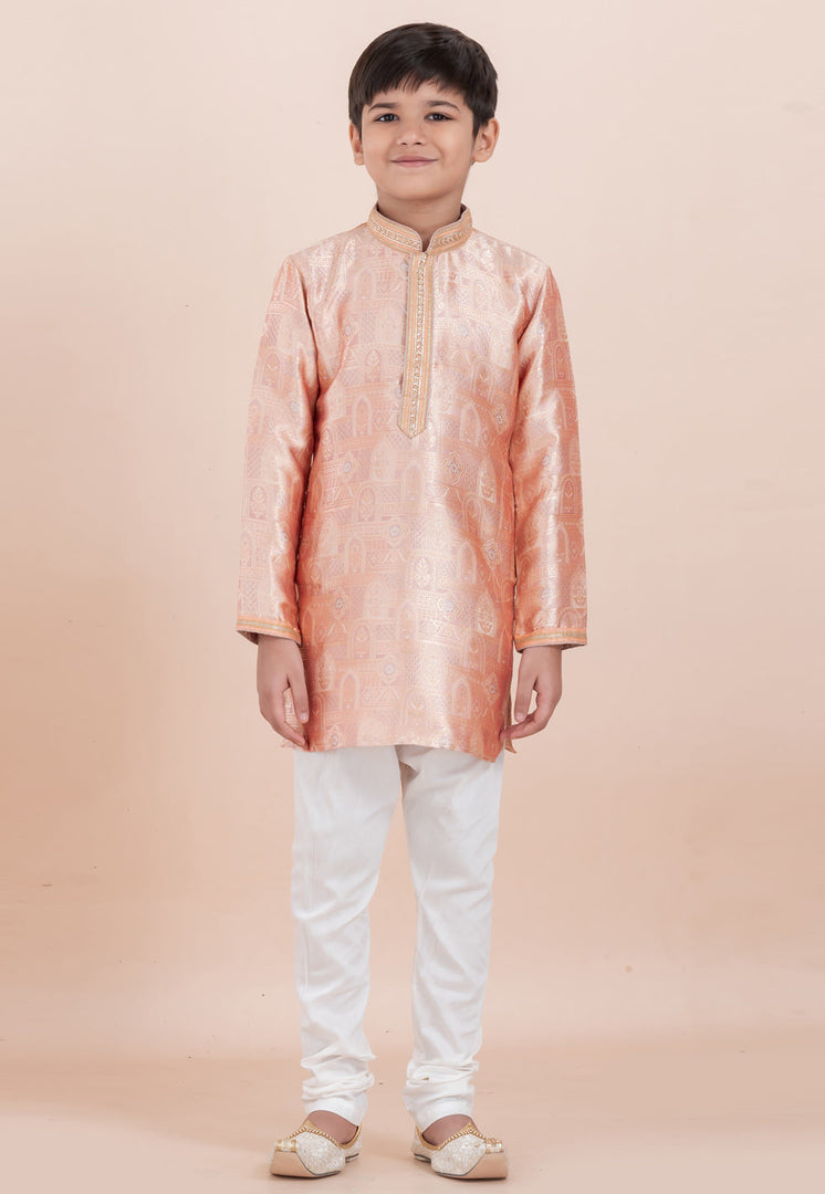 Peach Jacquard Silk Kids Kurta Pajama