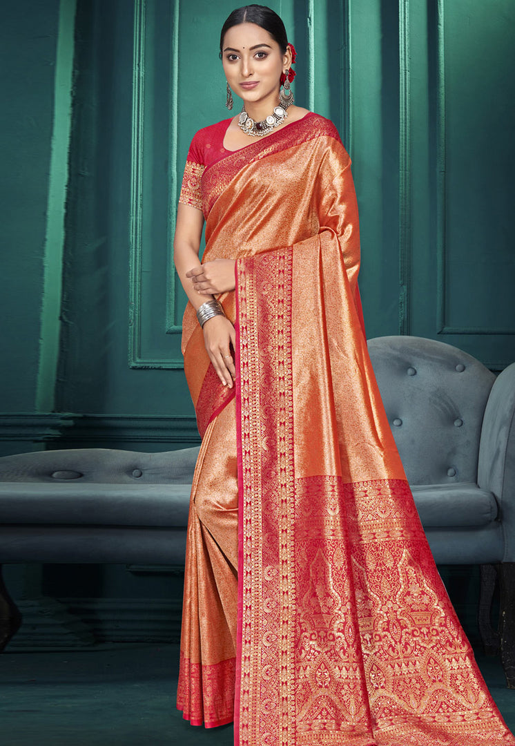 Peach Kanjivaram Silk Saree With Blouse