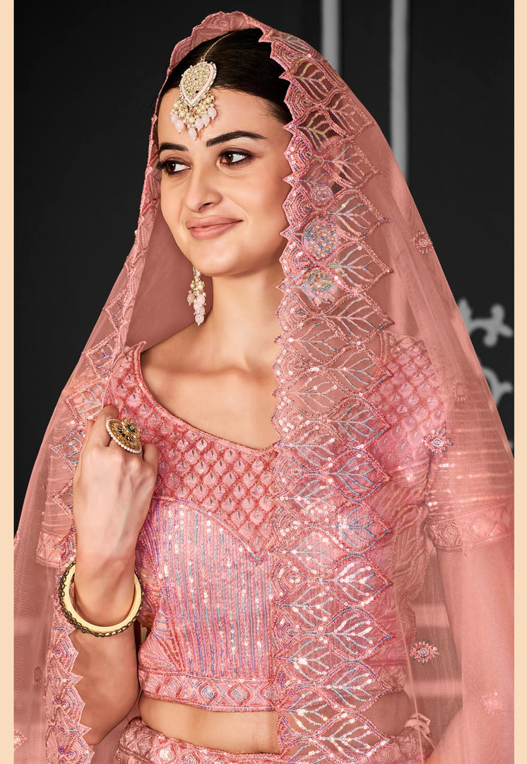 Peach Net A Line Lehenga Choli