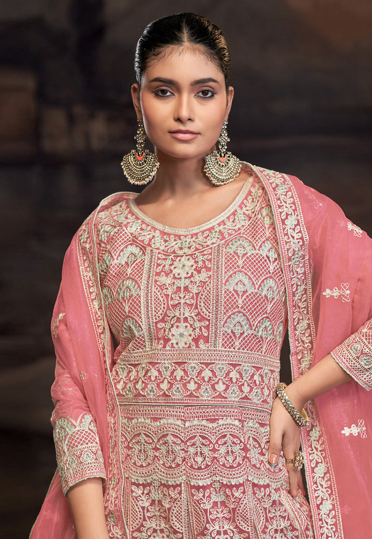 Peach Net Embroidered Anarkali Suit