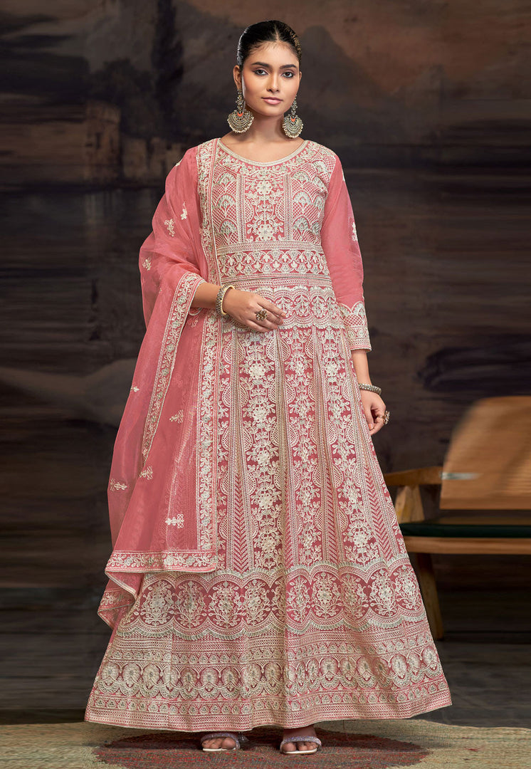 Peach Net Embroidered Anarkali Suit