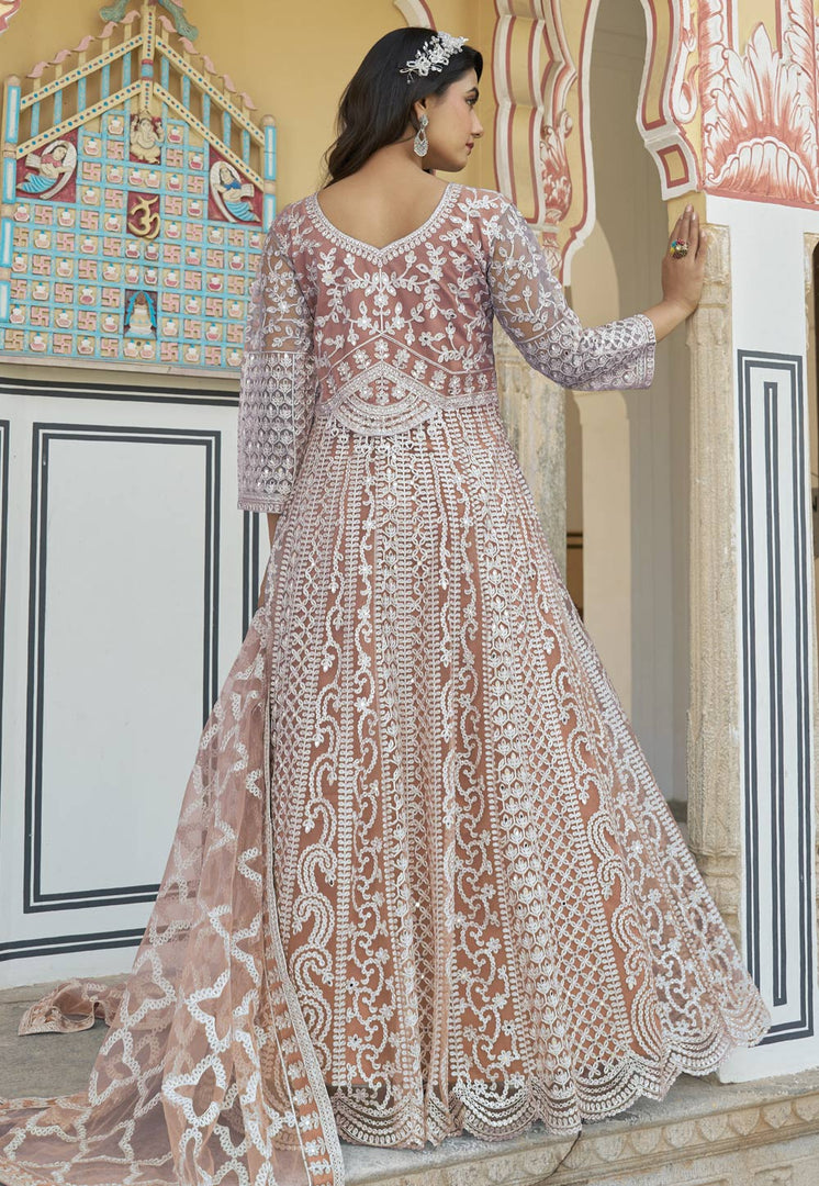 Peach Net Embroidered Long Anarkali Suit