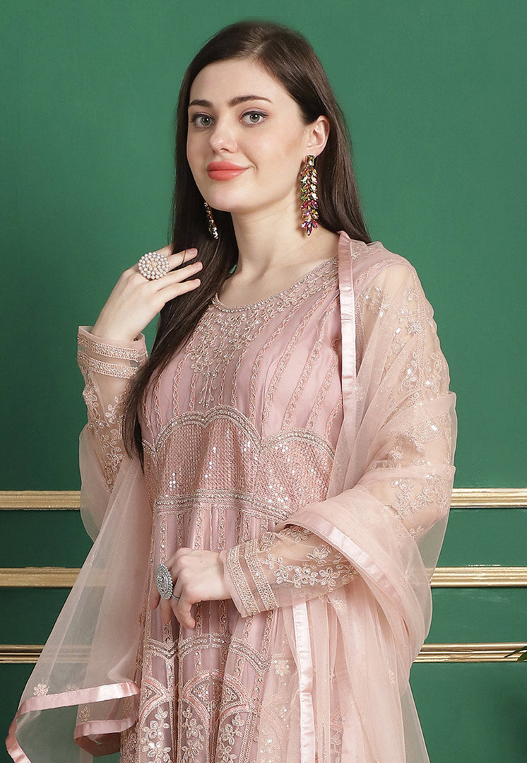 Peach Net Embroidered Long Anarkali Suit
