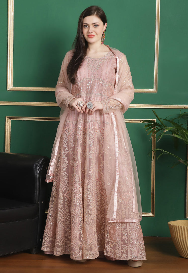 Peach Net Embroidered Long Anarkali Suit